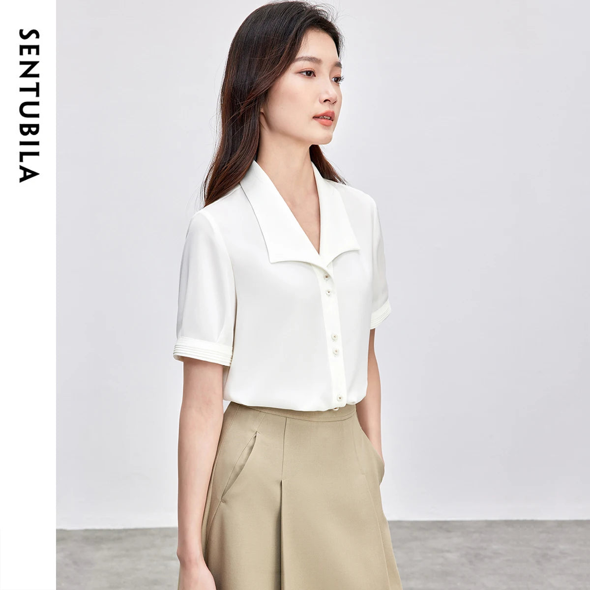 SENTUBILA Turn Down Collar Shirt Women Summer 2025 Twill Texture Chic Button Short Sleeve Elegant Solid Woman Blouse 152C87931