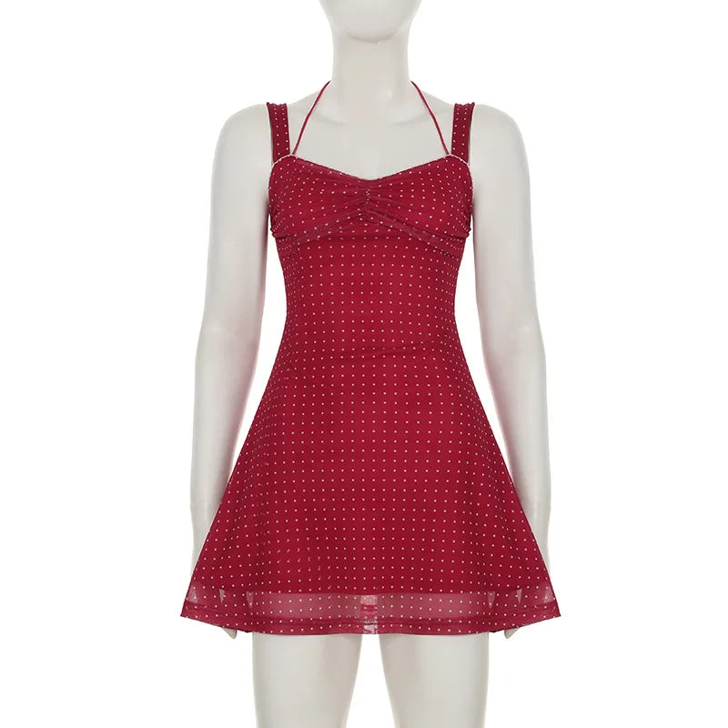 Yaminiya Elegant Polka Dot Print Backless Party Dresses Women Causal Sleeveless Beach Dress Vestidos Summer Sundress Sexy Skinny