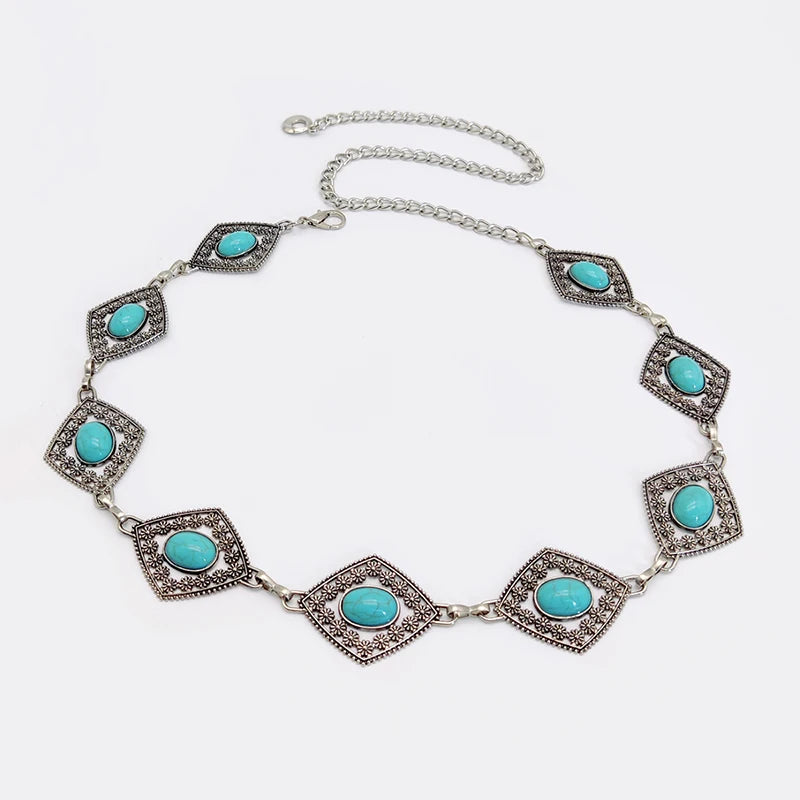 Fashion Silver Bohemian female circular waist chain luxury blue gemstone Ellipse chain belts for women suitable for Skirts dress