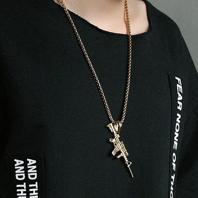 Men's Machine Gun Pendant Necklace Hip Hop Punk Black Gold Color Stainless Steel Chain Retro Accessories Hippie Rapper Jewelry