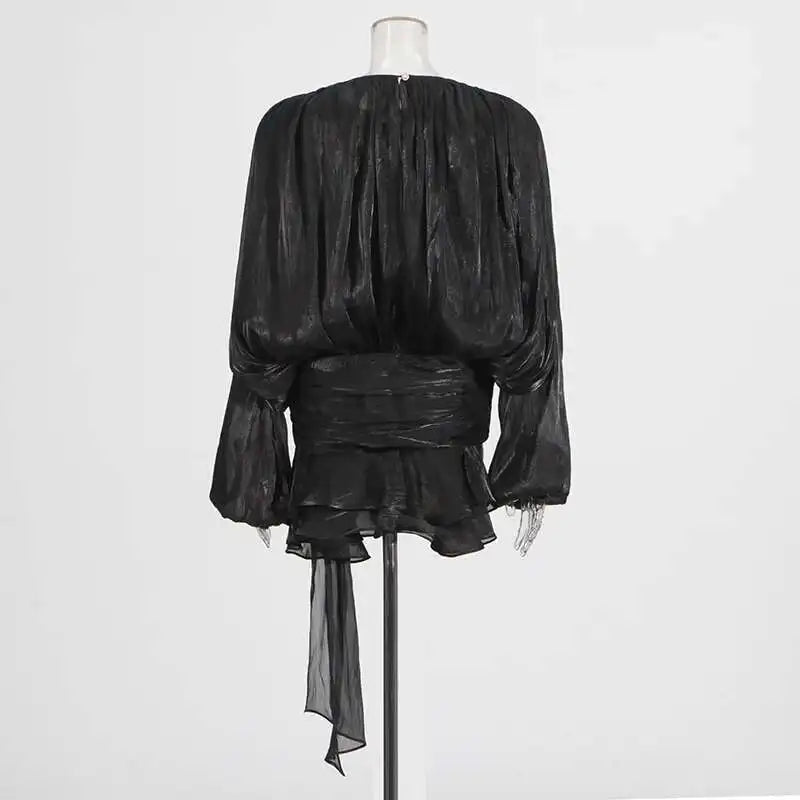 TWOTWINSTYLE Solid Blouse Mini Dresses For Women V Neck Long Sleeve Spliced Lace Up Sweet Style Dress Female Clothing Fashion
