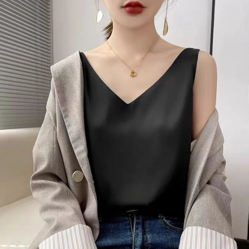 Acetate satin Camisole Women's V-neck Silk Satin vest Top elegant wild Avocado Green white black tank Women Crop Tops