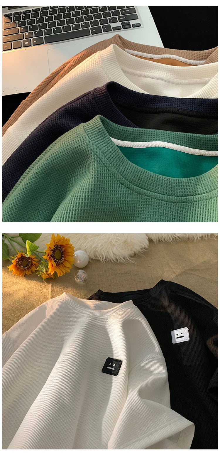 メンズ サマー アメリカン レトロ ワッフル 半袖 Tシャツ 厚手 無地 大きいサイズ 通気性 ゆったり カジュアル 半袖