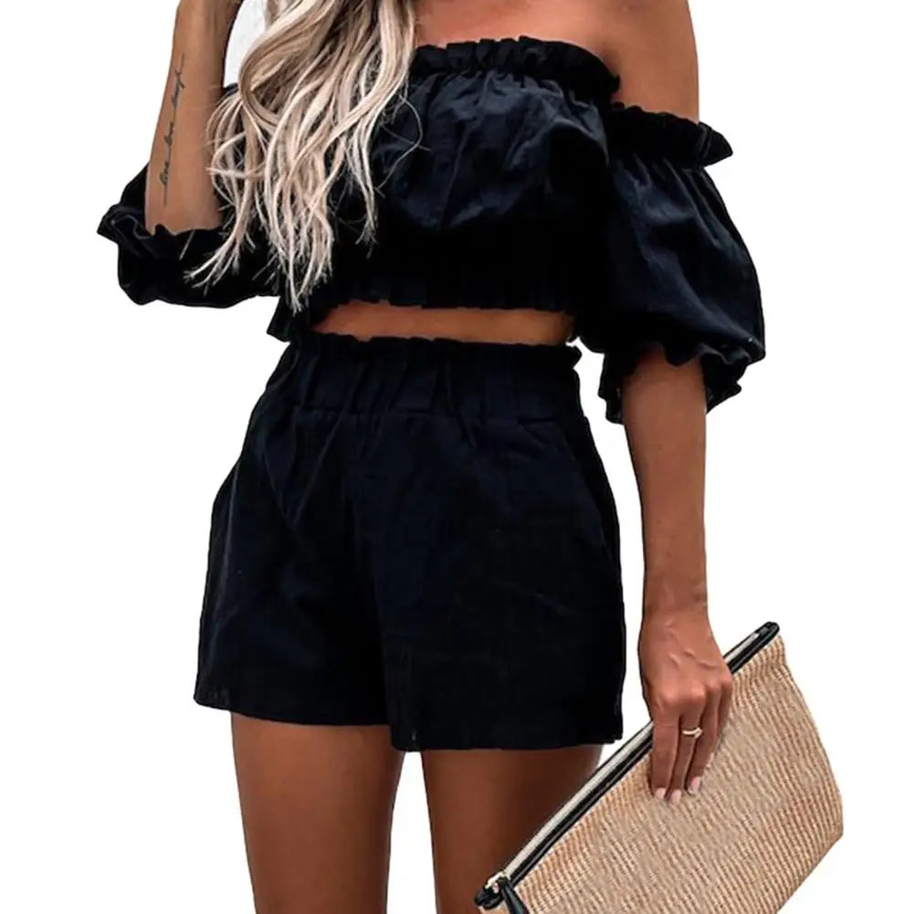 2Pcs/Set Women Matching Set Ruffles Off-shoulder Half Sleeve Lady Summer Crop Tops Shorts Outwear Sexy Beach Set for Daily Wear