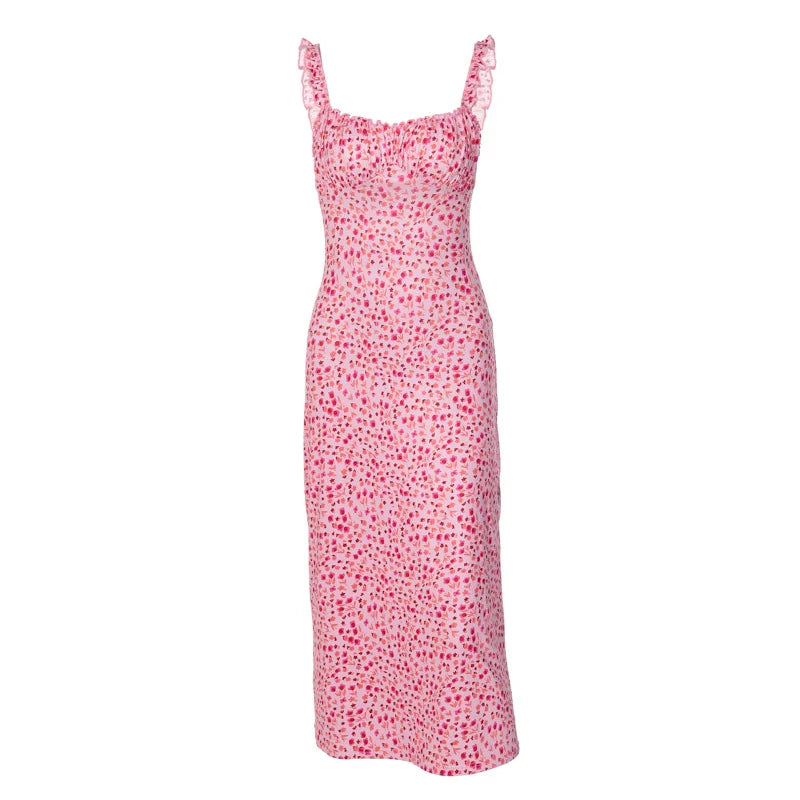 Hbenna Summer Dresses For Women Floral Print Sexy Y2K Ankle-Length Party Dresses Women Skinny Spaghetti Strap Long Dresses Pink