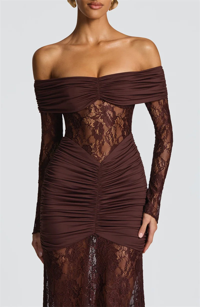Mozision Off-shoulder Long Sleeve Sexy Maxi Dress Women Fashion Lace See Through Strapless Backless Bodycon Club Party Dresses