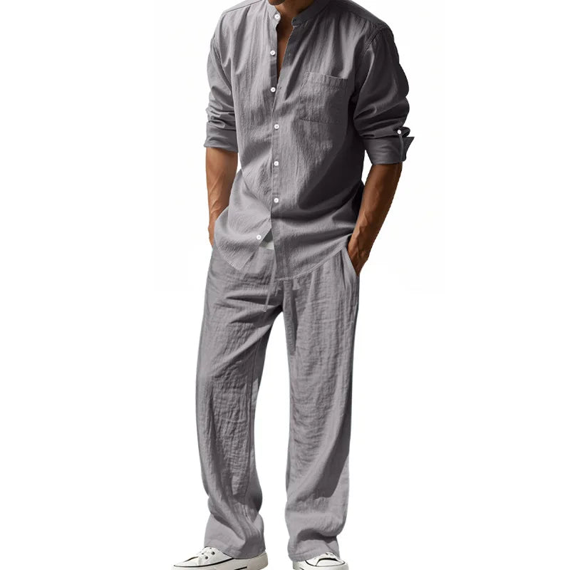 2025 New Spring and Summer Men's Suit Linen Casual Loose Breathable Long Sleeves Shirt Trousers 2Set of Beach Vacation Essential