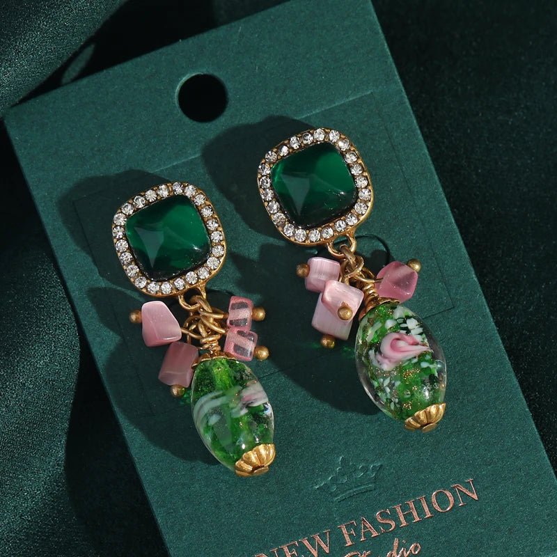 Pink Bowknot Jewelry Set Bride Natural Stone Crystal Necklace Earrings For Women Green Glass Beads Sweet Collar Accessories 2025