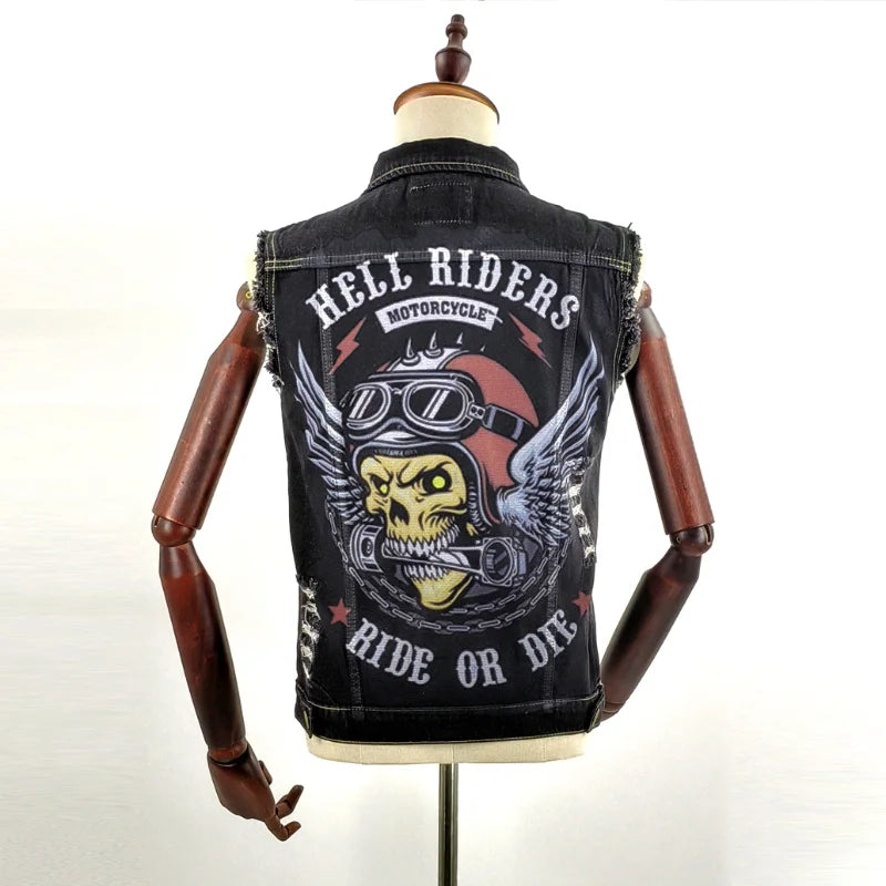 2024 new men's denim jacket retro fashion motorcycle sleeveless denim jacket high street handsome motorcycle vest men's clothing