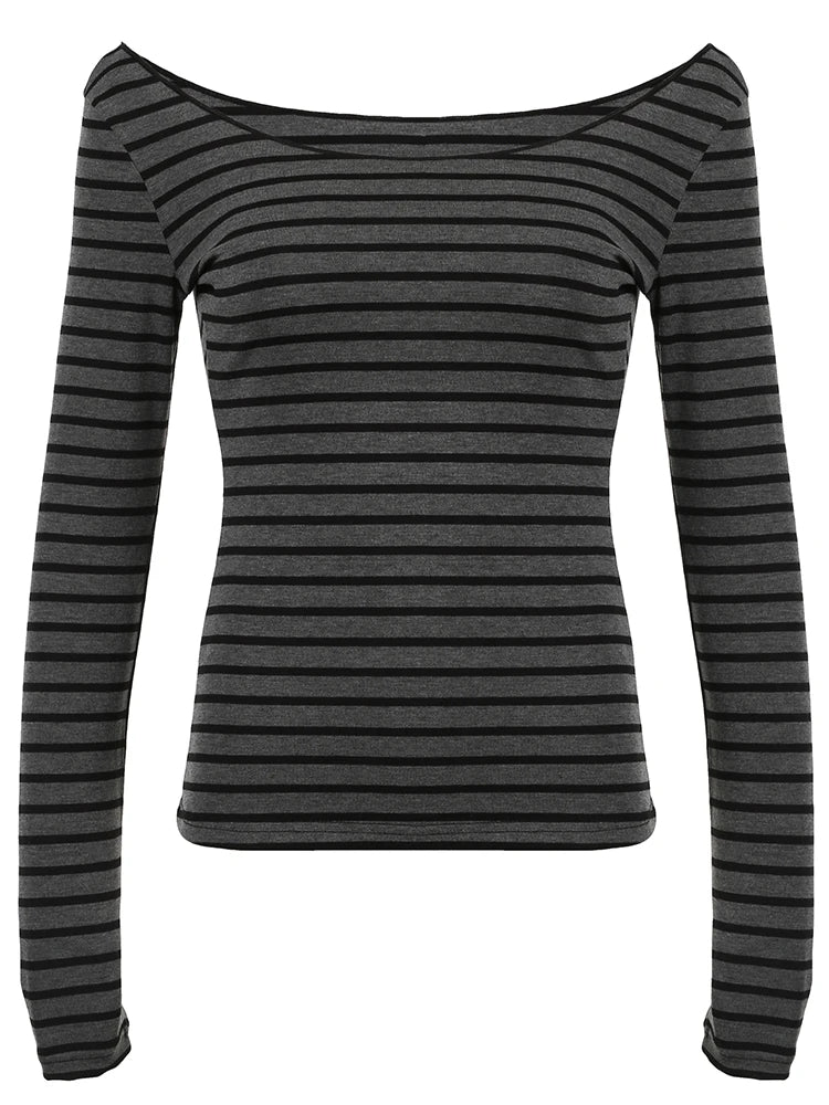 Sweetown Japanese Basic Slim Long Sleeve Stripe Tee Off Shoulder O Neck Korean Street Style Spring Autumn Y2K Gray T Shirt Women