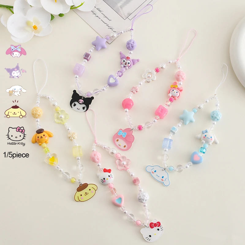 1/5piece Hello Kitty Kuromi Melody Cinnamoroll Pom Pom Purin Sanrio Cartoon Phone Rope Acrylic Hanging Rope Pendant
