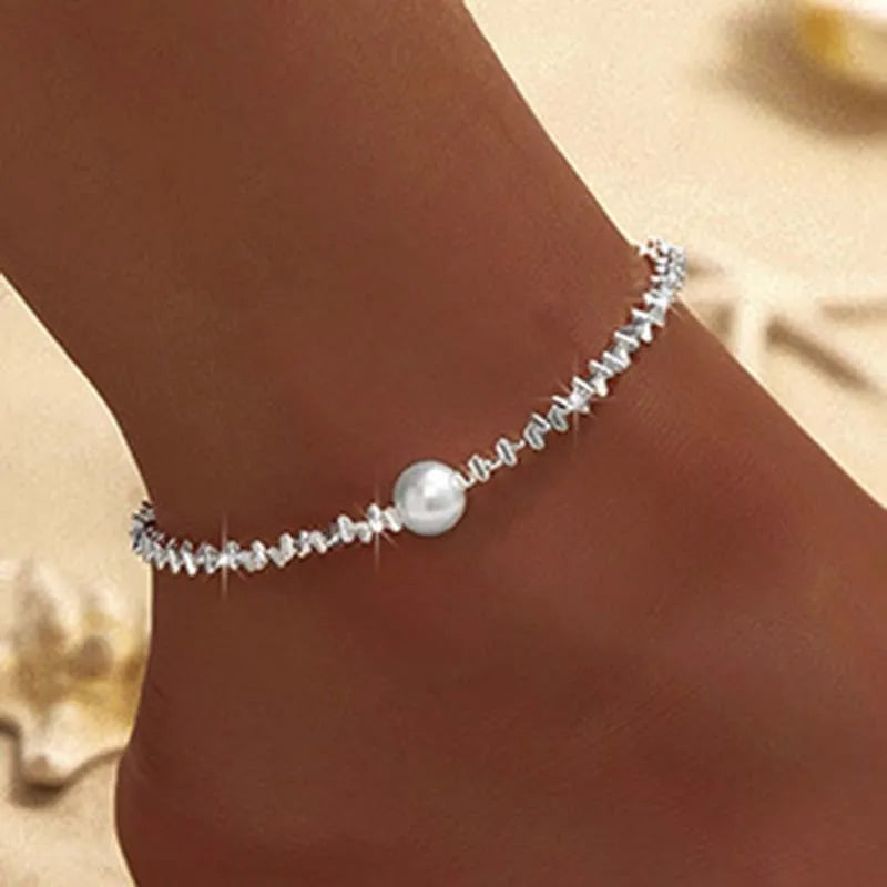 Sparkling Thin Chain Anklet For Women Zircon Heart Cross Pendant Double Layer Bracelet On Leg Foot Trendy Summer Beach Jewelry
