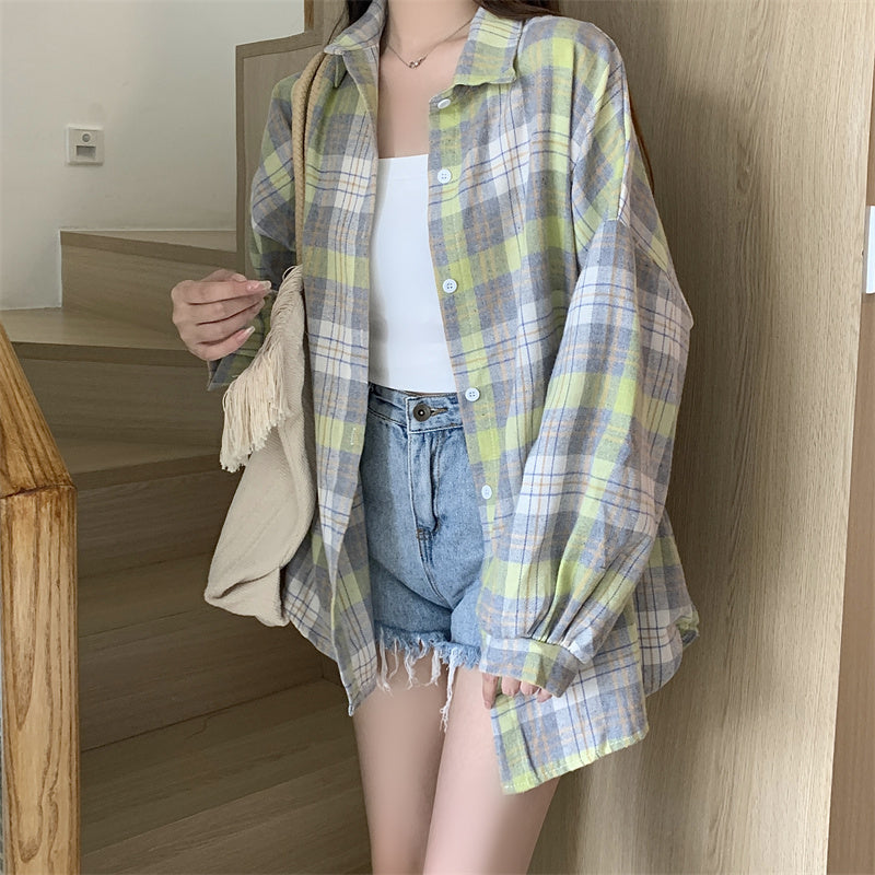 Women Tartan Shirt Long Sleeve Collared Button Up Oversized Plaid Shirt Jacket Grunge Fashion Teenage Girl Spring Summer Outfit
