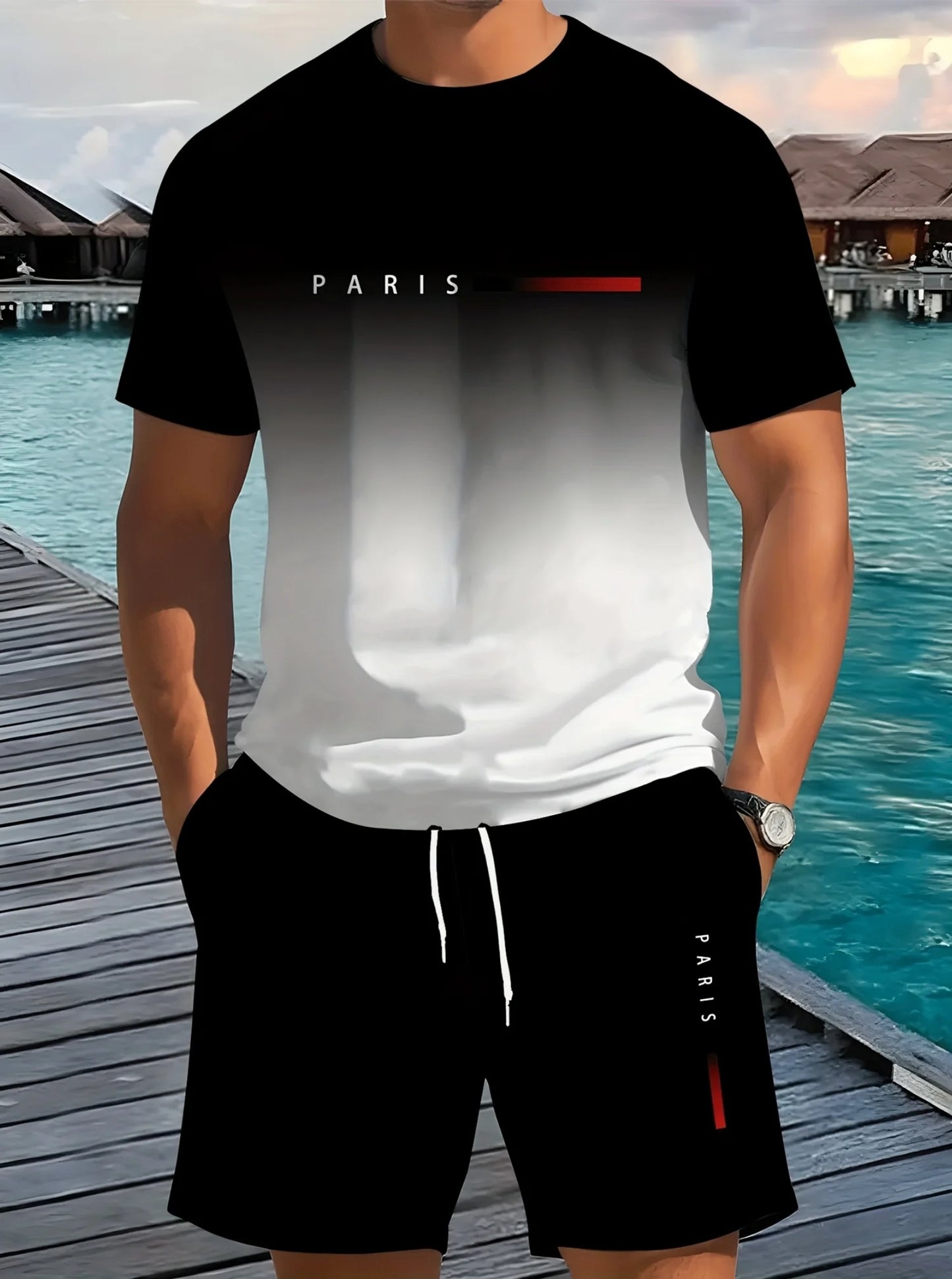 2025 Summer men Latest Polyester Unisex Gradient print Short Sleeve T-Shirt Shorts Set Adult Jogging 2 Piece Set men Clothing
