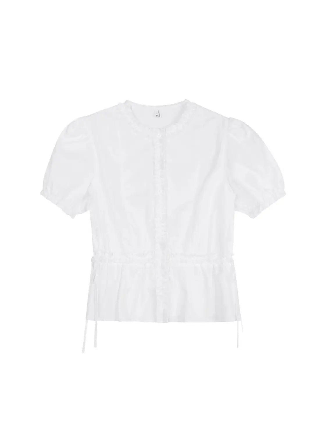 Women French Gentle Style Fungus Edges O-neck Puff Short-sleeved Shirts Summer Lace-up Bow Waist Slimming Single Breasted Blouse