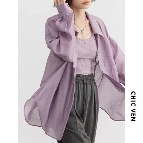 CHIC VEN Women Thin Shirt Long Sleeve Casual Loose Slightly Transparent Cool Blouses Woman Solid Design Female Top Summer 2024