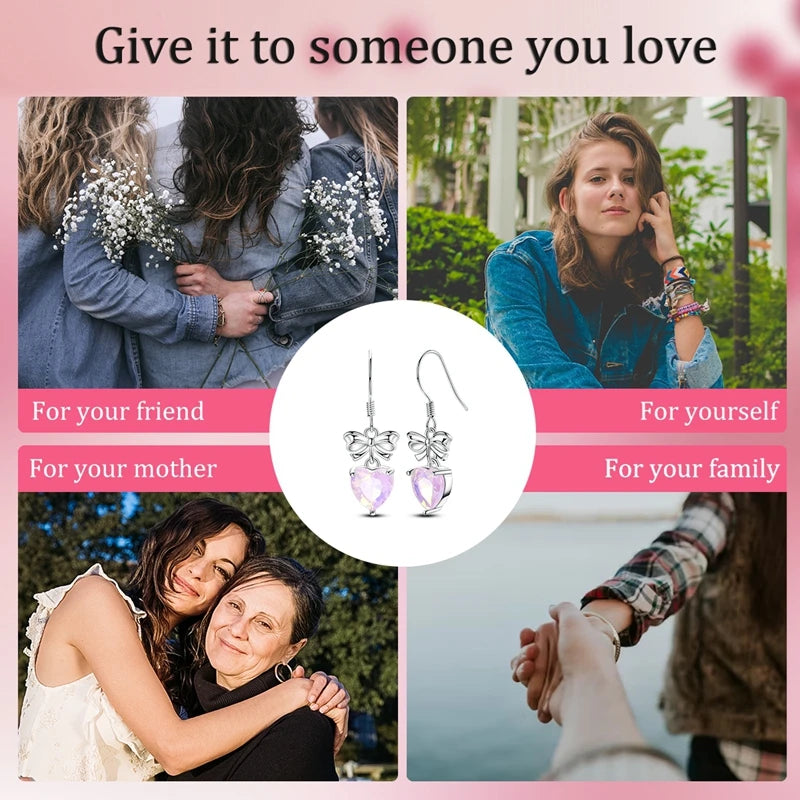 VAMO 925 Sterling Silver Bow Tie and Heart Earrings Women Sparkling Ear Studs CZ Earring For Anniversary Wedding Gift
