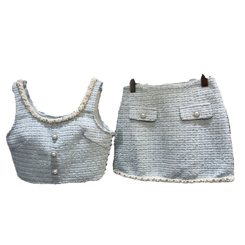 Women's Elegant Two Pieces Tweed Pearls Skirt Set Lady High Street Sexy O Neck Sleeveless Crop Tank Top + Minis Kirt