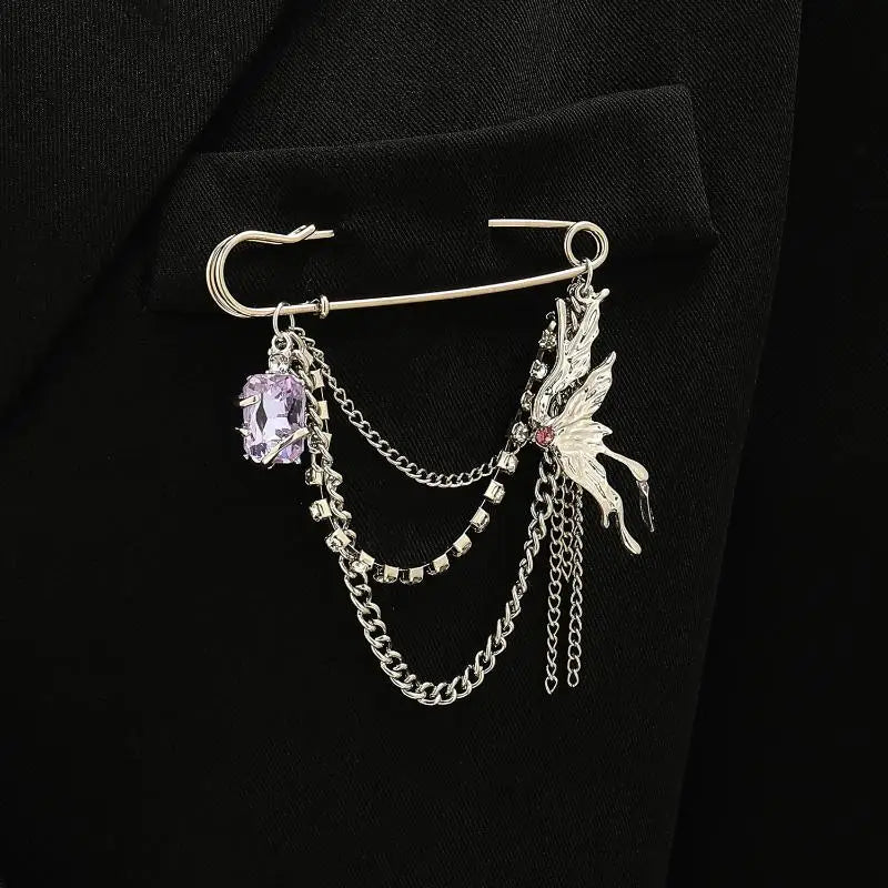 Korean Style Metal Butterfly Chain Brooch For Women Men Suit Decoration Tassel Chain Metal Beads Pin Cloth Jewelry Accessories