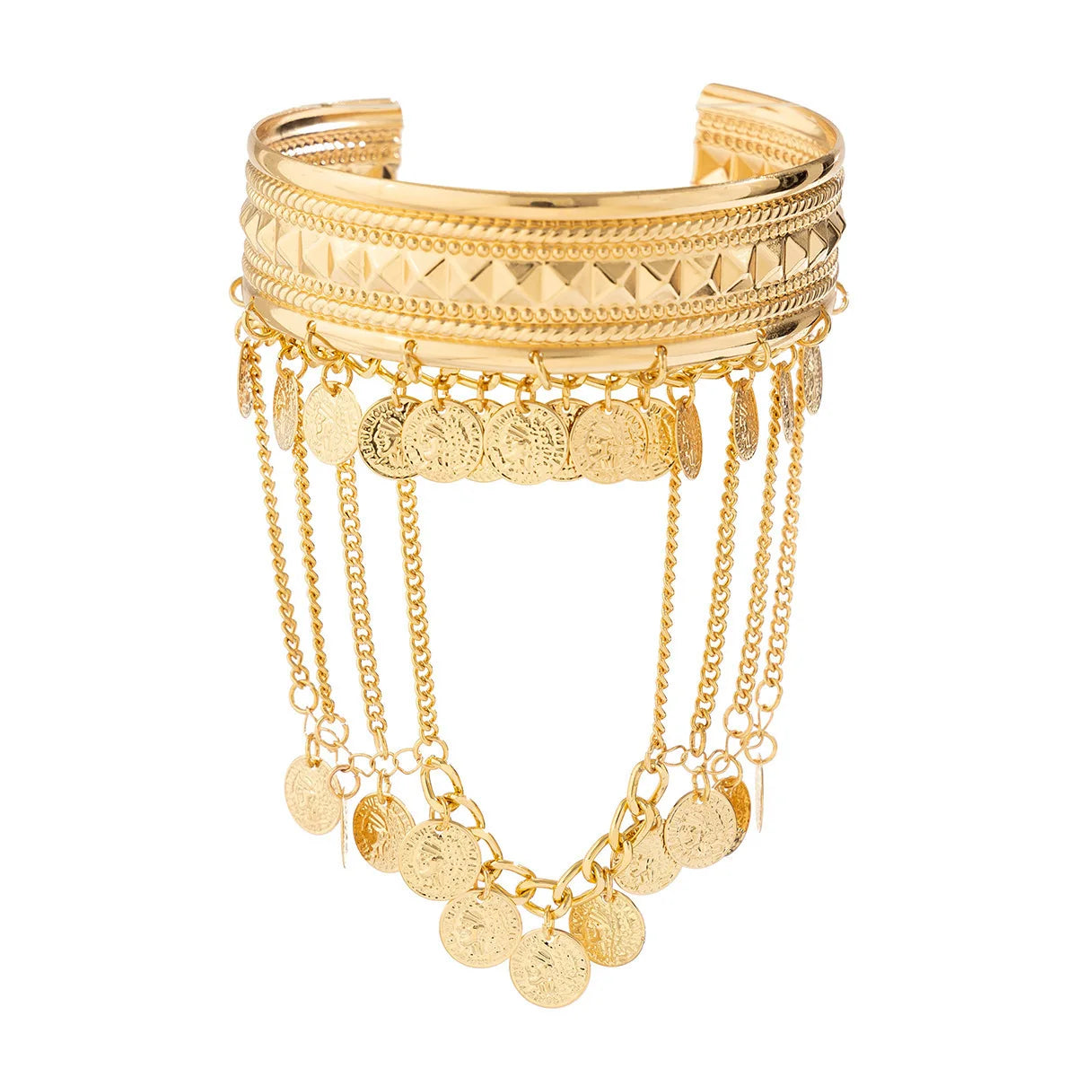 New Trendy Golden Metal Coin Leaf Chain Tassel Upper Arm Bangles Cuff Bracelet Armlet Armband Men Women Jewelry Accessories