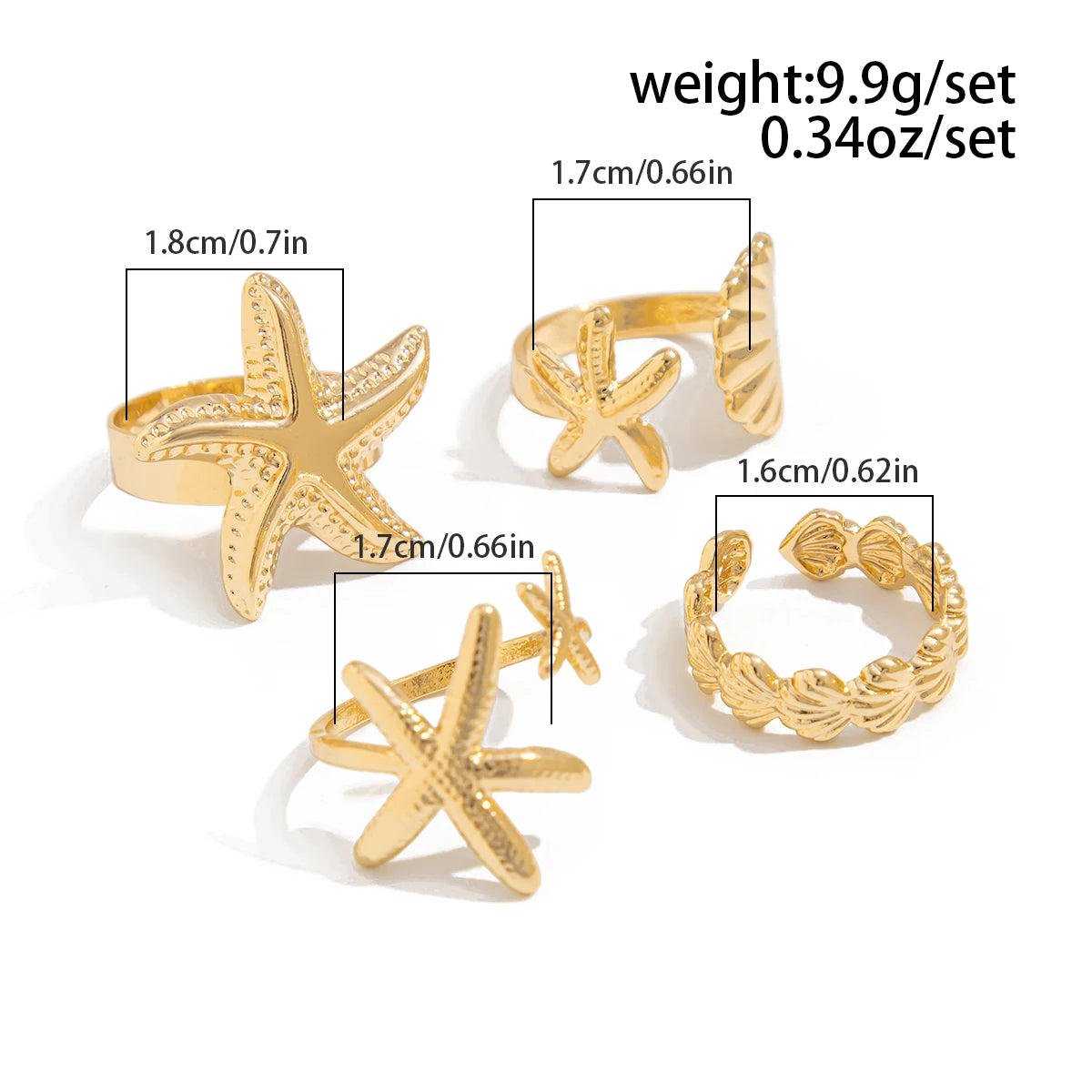 SHIXIN 4Pcs/Set Starfish Scallop Adjustable Open Rings for Women Trendy Geometric Gold Color Ring Summer Beach Jewelry Accessory