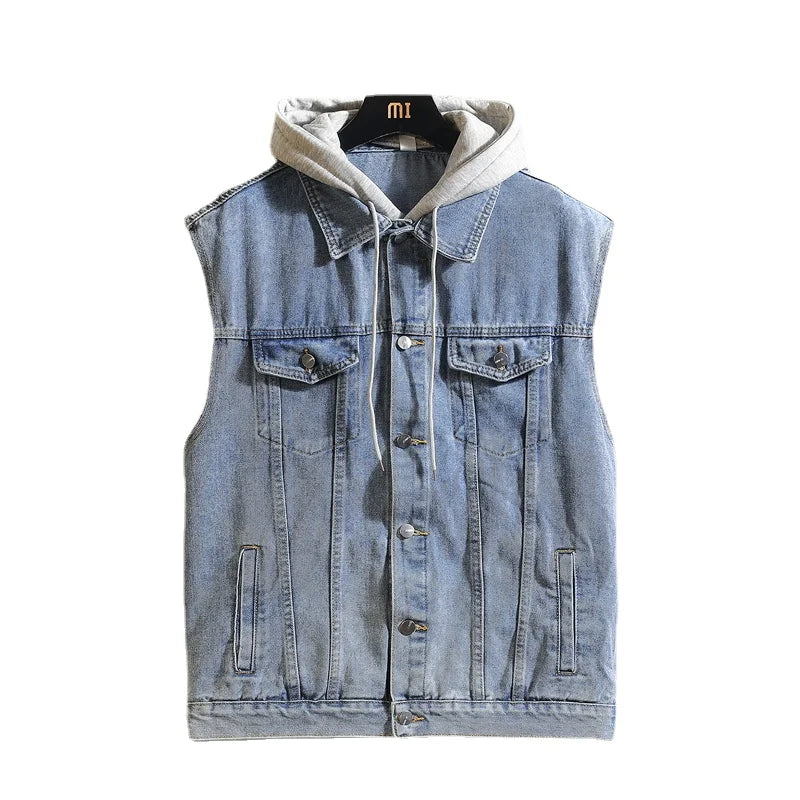 2025 Men's Spring/Summer Autumn Denim Vest Jacket Teenagers Black Leisure Hooded Vests Coat Plus Size Waistcoat M-5XL