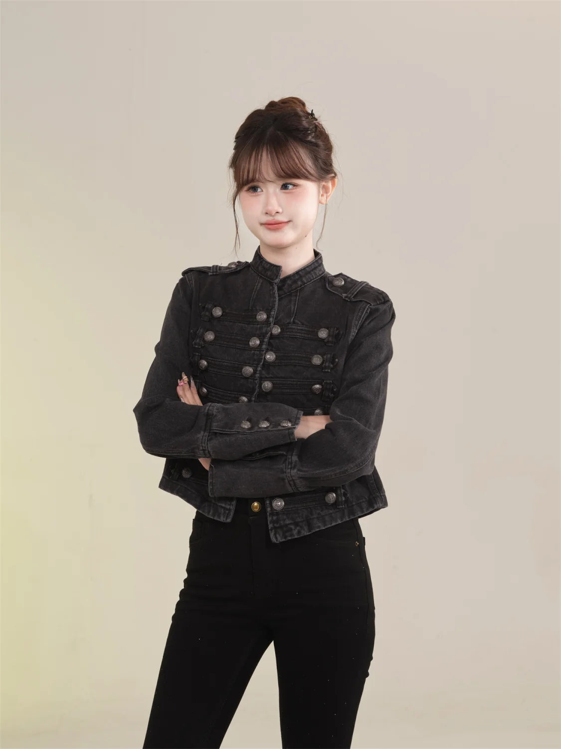 Women's American Retro Denim Military Inspired Cropped Jacket Long Sleeve Stand Collar Casual Motorcycle Coat