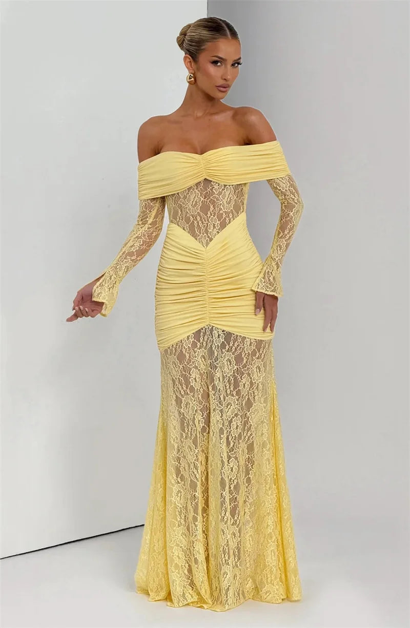 Mozision Off-shoulder Long Sleeve Sexy Maxi Dress Women Fashion Lace See Through Strapless Backless Bodycon Club Party Dresses