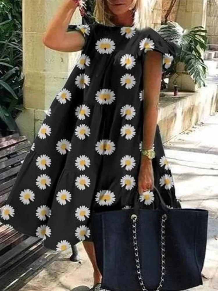 Summer Fashion Boho Print Dress Lady Casual O-Neck Pullover Ruffles Short Sleeve Loose Dresses For Women Holiday Beach Dress New