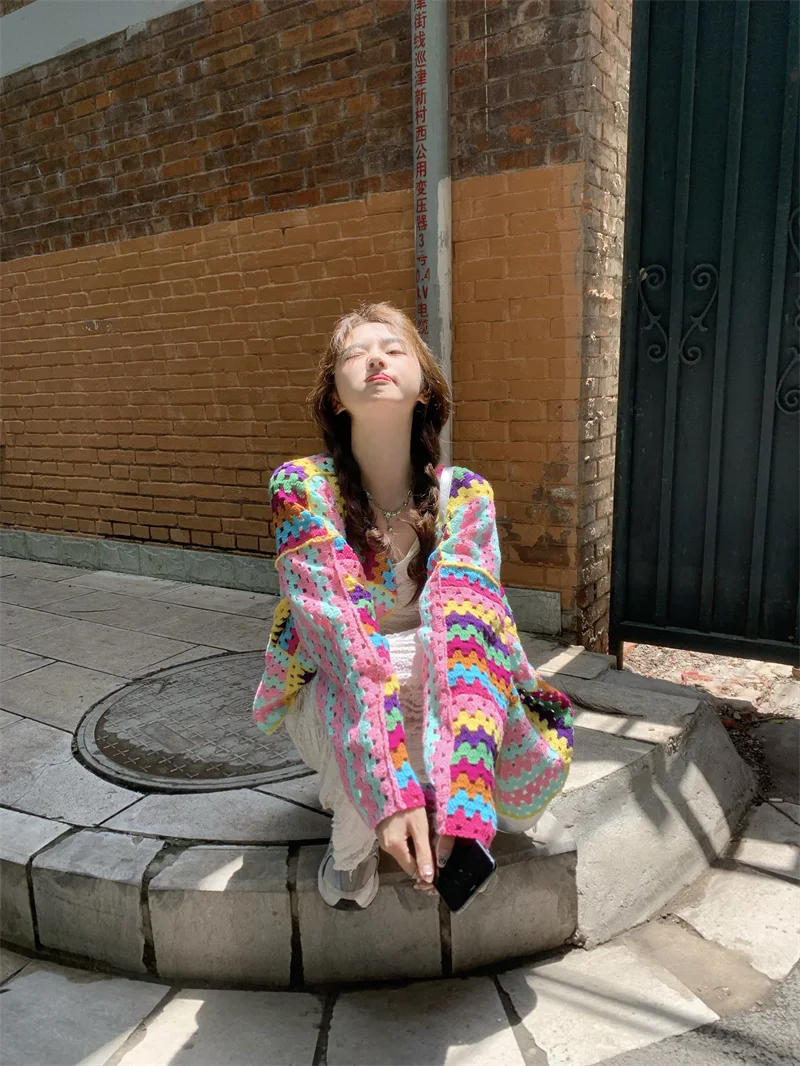 SALIENCY Colorful Crochet Knit Hollow Cardigan Sweater Jacket Women Spring Top Loose Short Knitwear