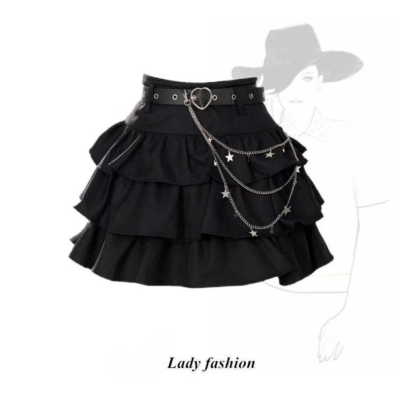 Black Gothic Mini Skirt Woman Y2K Korean Fashion High Street Aesthetic Elegant Retro A-line Mini Denim Skirt Outfits 2025