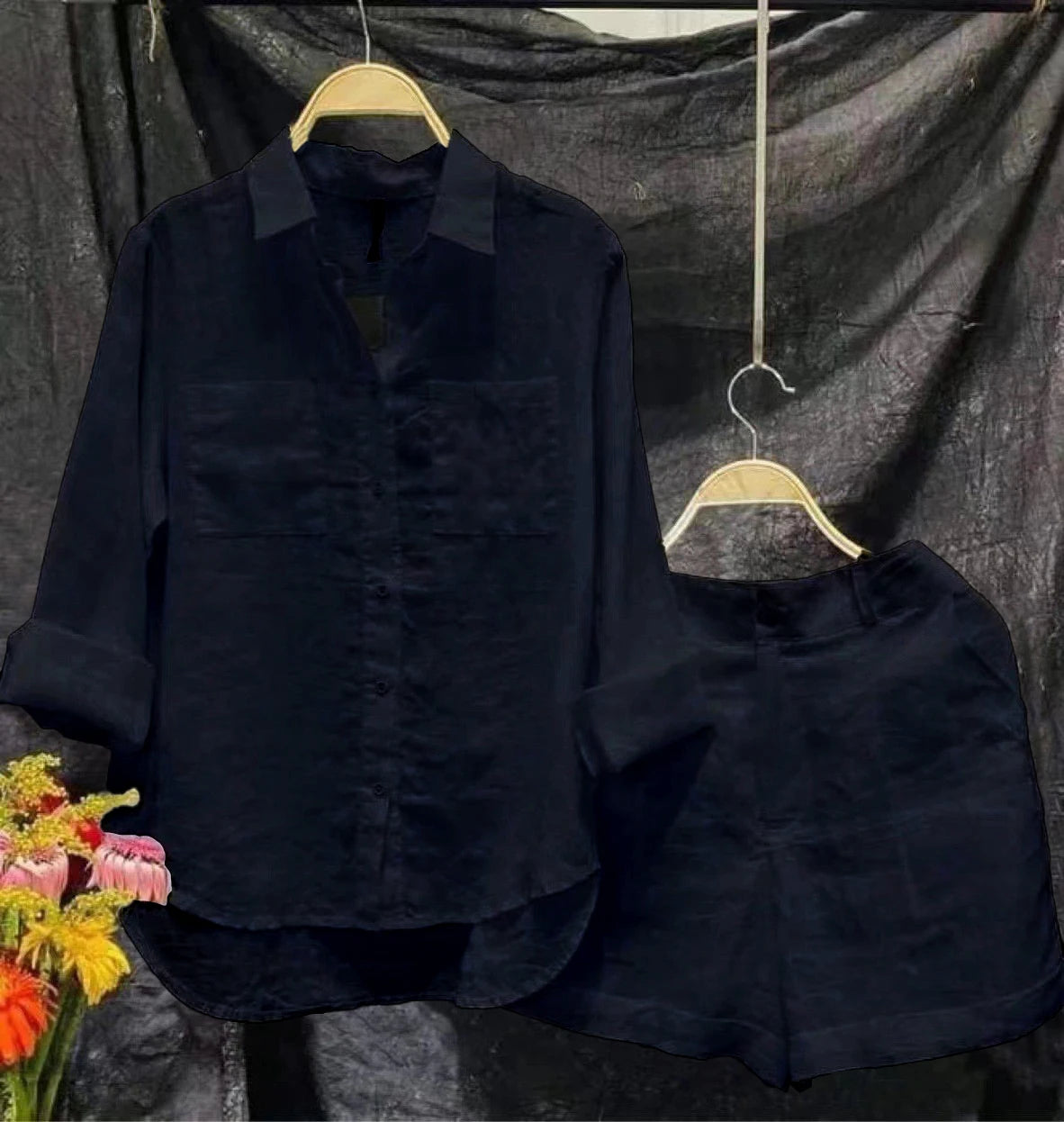 Fashion White Long Sleeve Shirt And Shorts Two Piece Sets Women 2025 Summer Cotton Linen Casual Home 2 Piece Set For Women
