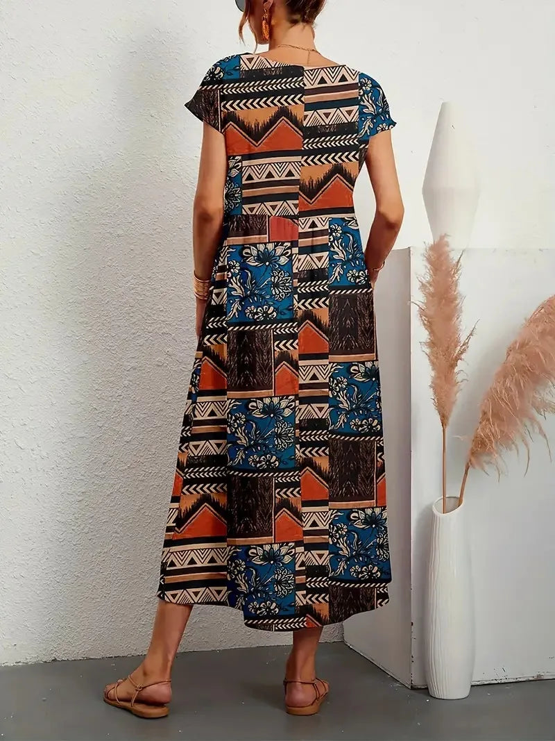 Fashion Women's Cotton and Linen Dress, Round Neck Printed Short Sleeved A-line Maxi Skirt, Unique Floral Long Dresses Vestidos