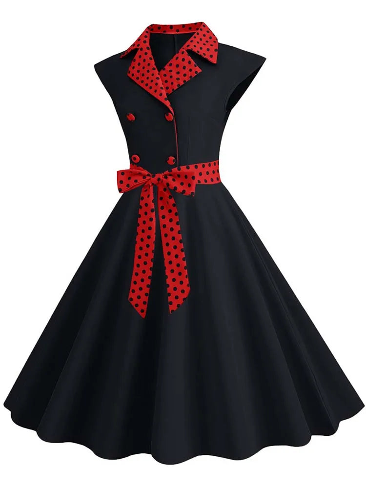 Notched Collar Vintage Solid Party Dresses Women Summer Sleeveless Belted Midi Swing Sundress
