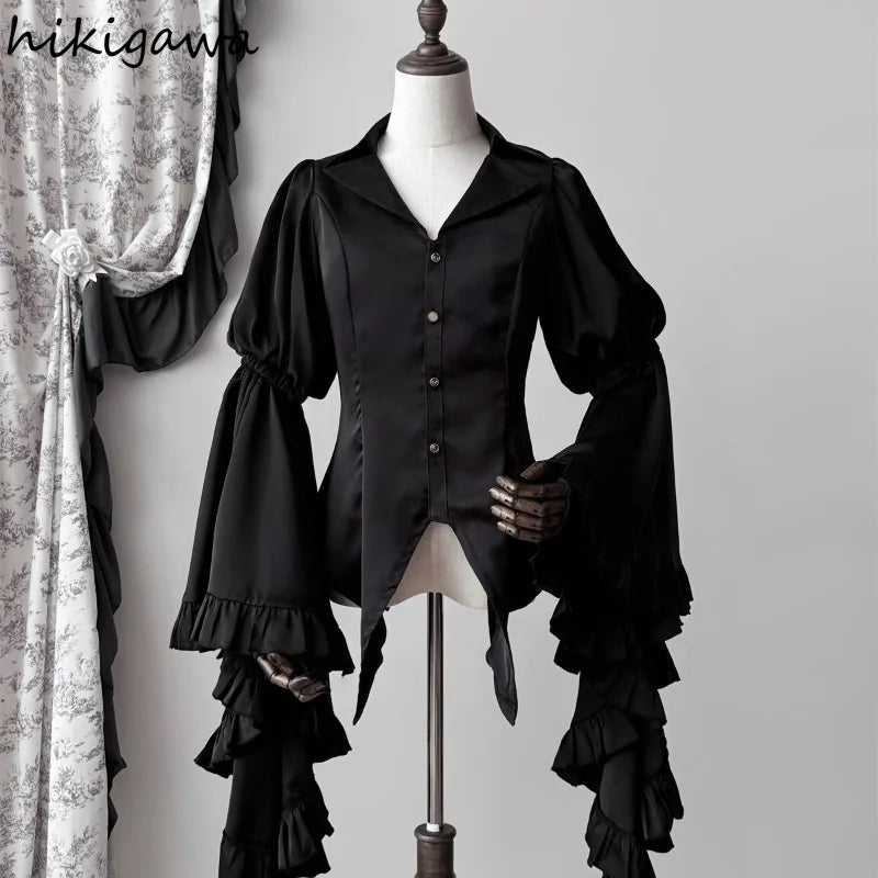 2025 Camisas De Mujer Vintage Blouses Women's Clothes Temperament Lady Tops Japanese Shirt Flare Sleeve Goth Slim Fit Blouse