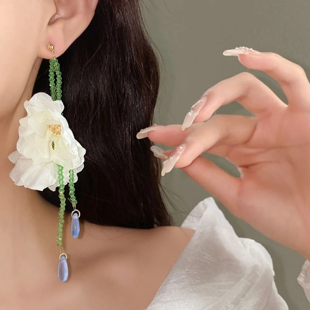 Handmade Resin Flower Necklace Sweet Korean Style Minority Design Asymmetric Earrings Alloy Tassel Beaded Dangle Earring Women