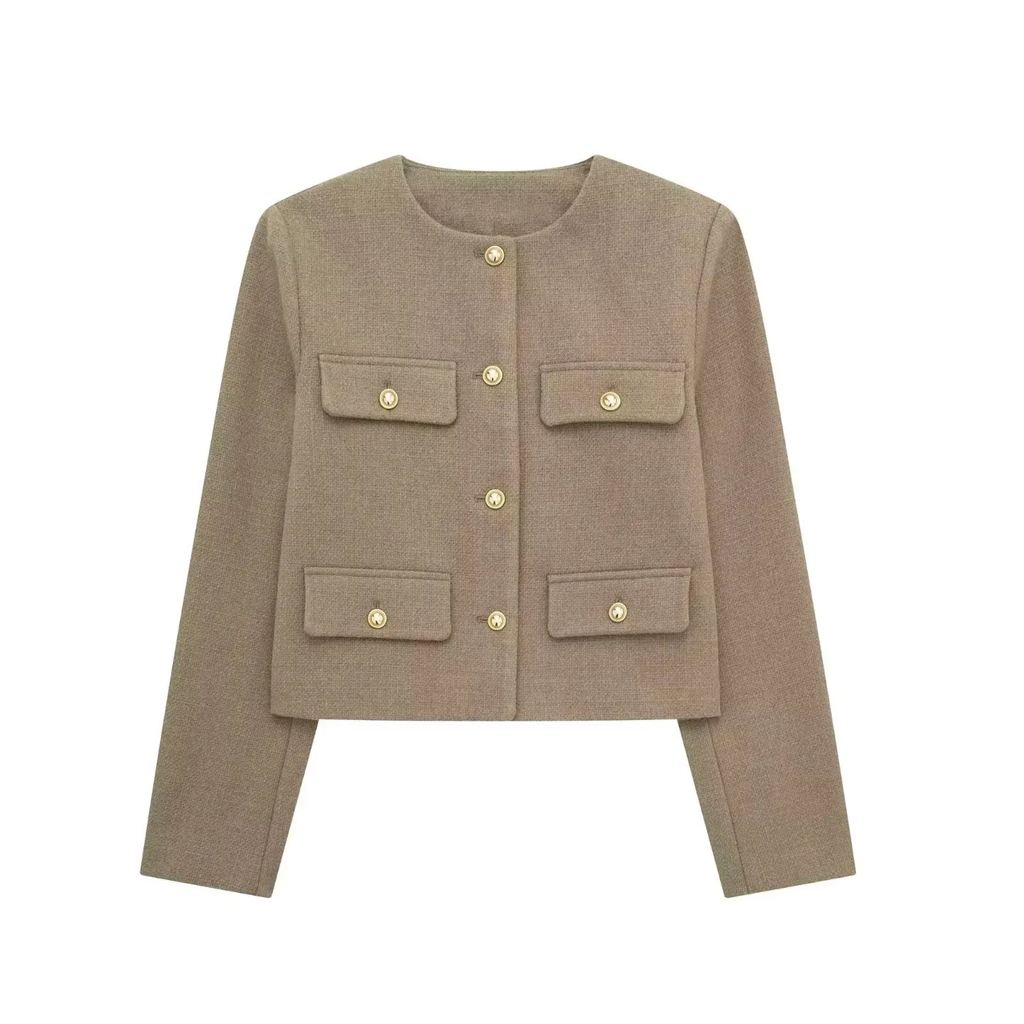 TRAFZA Women Vintage Solid Coat Button Long Sleeve O Neck Jacket With Pocket 2024 Autum Elegant Female Casual Outerwear Jakcet