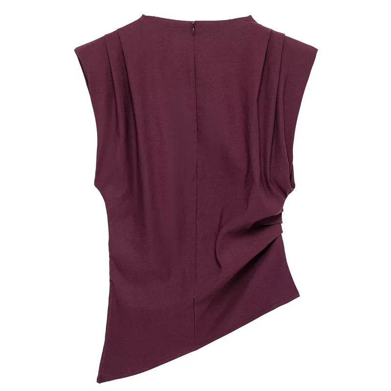 TRAF 2025 Women Top Ruffled Asymmetric Tops For Women Tanks & Camis Ruched Sleeveless Tops Vest Burgundy Brown Black Tank Tops