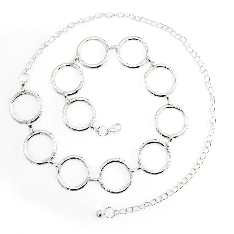 Simple Alloy Large Round Ring Waist Belt Fringes Ring Waist Chain Women Circle Metal Chain Belt Geometric Long Hollow Waistband