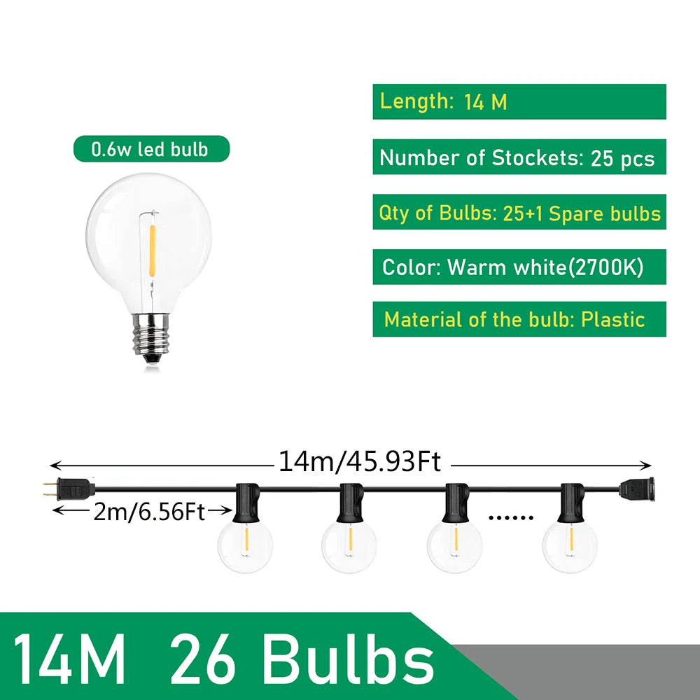 110V/220V 屋外用ストリングライト LED G40 フェストゥーン フェアリー パティオ ガーランド ランプ ウェディング ストリート キャンプ ガーデンパーティー デコレーションライト