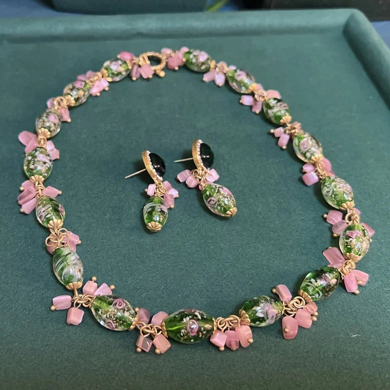 Pink Bowknot Jewelry Set Bride Natural Stone Crystal Necklace Earrings For Women Green Glass Beads Sweet Collar Accessories 2025