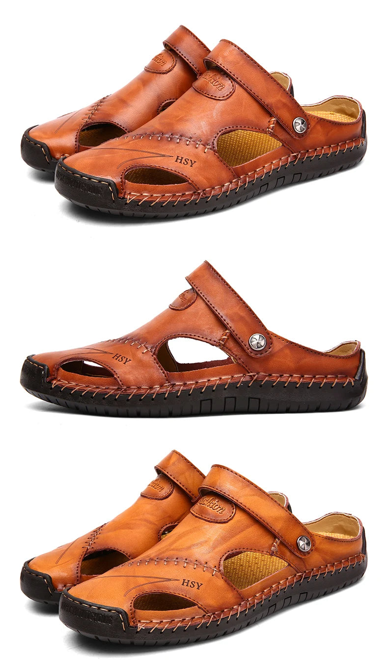 Sandals Man Summer 2023 Leather Slides Breathable Rome Male Outdoor Beach Platform Slippers Soft Hot Sale Men Flat Sandals