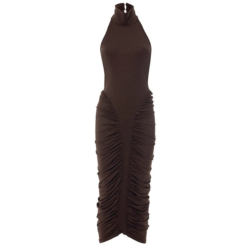 Mozision Turtleneck Backless Ruched Sexy Maxi Dress Women Brown Off-shoulder Backless Bodycon Club Party Long Dresses Female