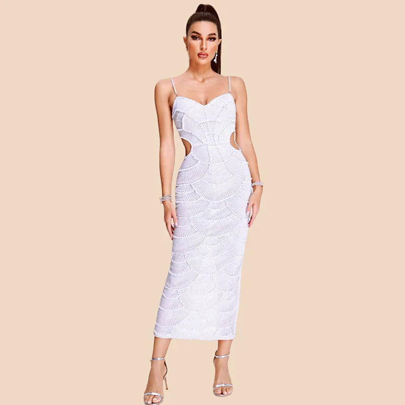 Deluxe Exquisite Sequin Beaded Sexy Hollow Suspender Dress Celebrity Birthday Party Dinner Dress Sweet Date Prom Dress