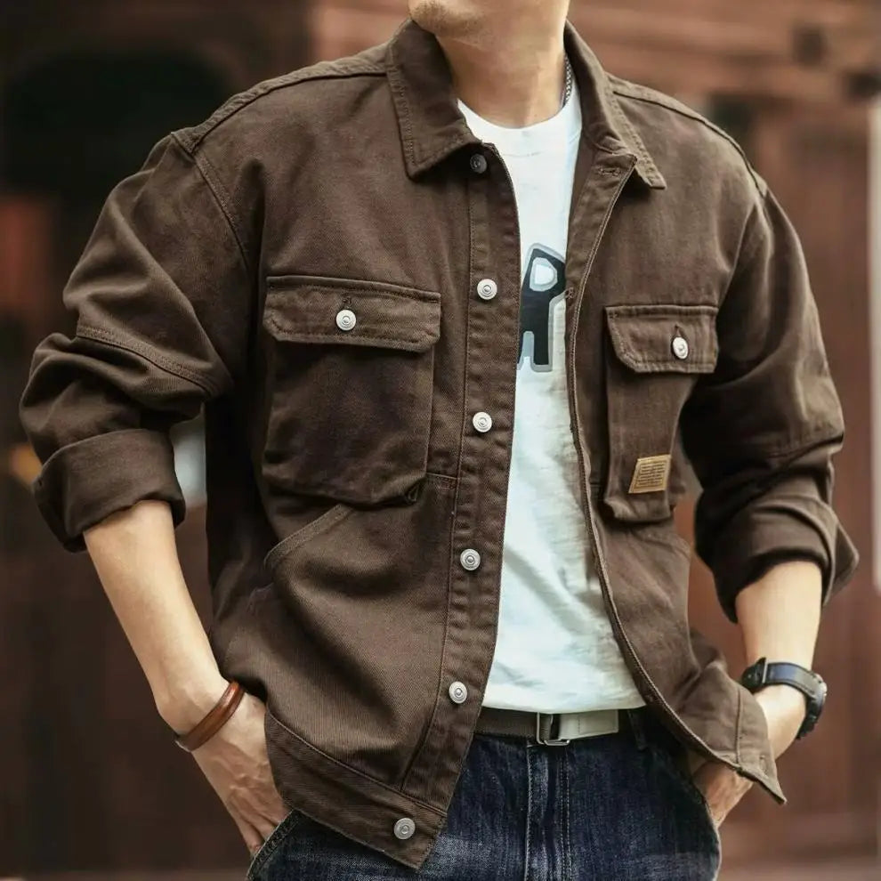 American Retro Denim Jacket Men's Autumn and Winter Trendy Brand Heavyweight Washed Lapel Jacket Trendy and Cool French Workwear