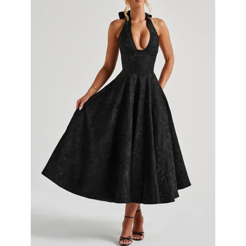 Deeptown Elegant Sexy Evening Party Dresses Women Korean Style Halter V-neck Dress Sweet Backless Yellow Summer Solid Midi Dress
