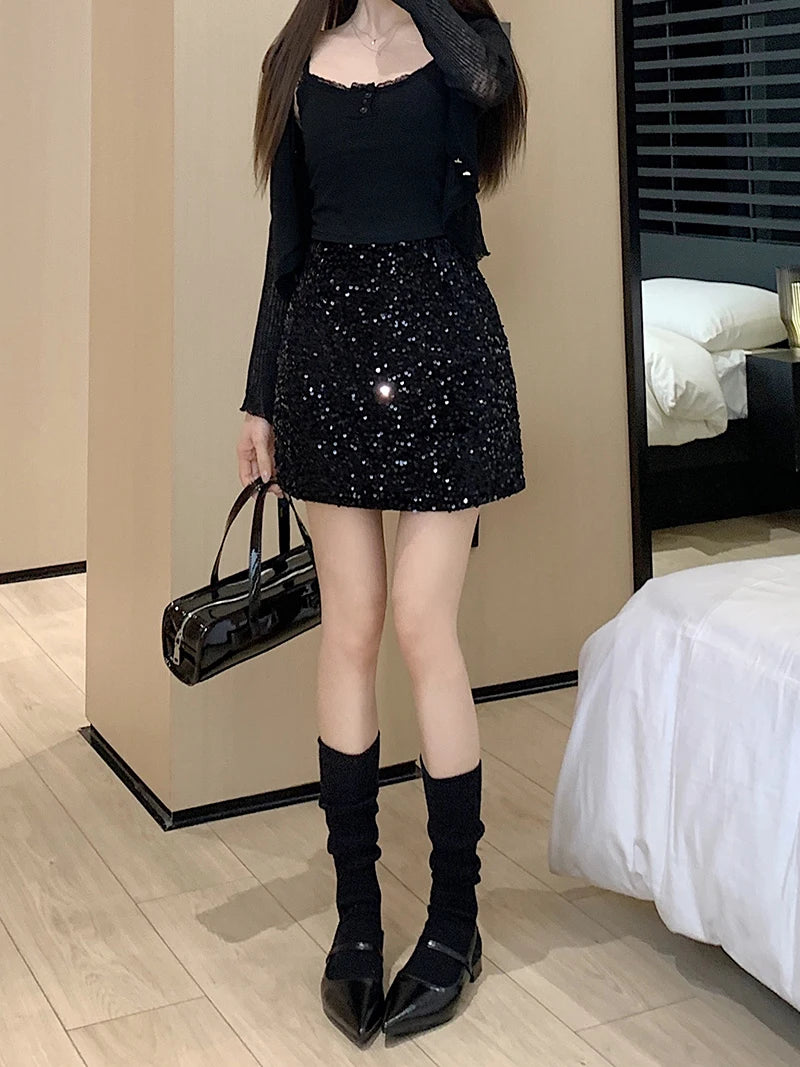 High Waist Sequined Casual A Line Skirts Women 2025 Elegant Korean Fashion Y2k Clothes Sweet Kawaii Black Micro Skirt Harajuku