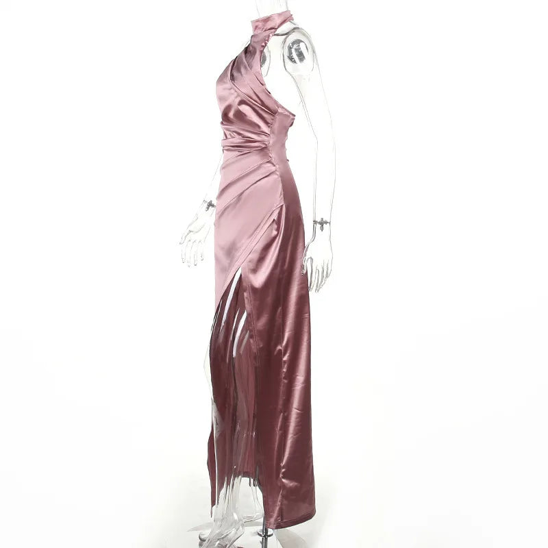 Ladies Summer Satin Evening Birthday Party Dresses Women Sleeveless Backless Halter Side Slit Elegant Long Dress Mowan Clothes