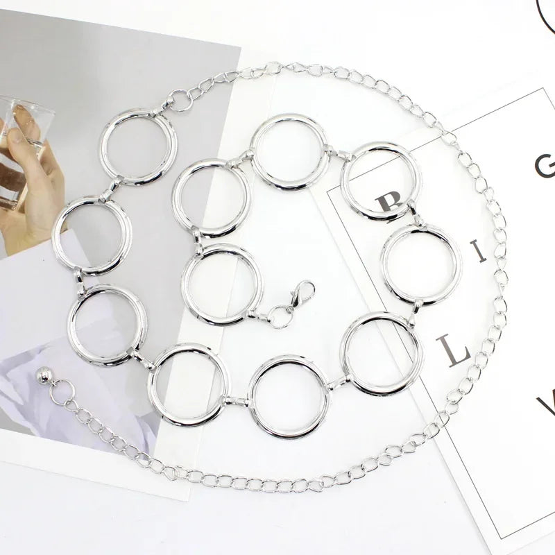 Simple Alloy Large Round Ring Waist Belt Fringes Ring Waist Chain Women Circle Metal Chain Belt Geometric Long Hollow Waistband