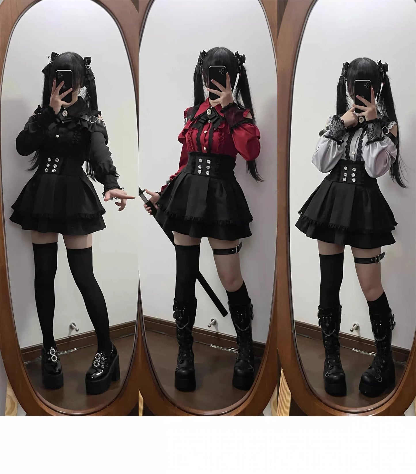 Kawaii Off Shoulder Long Sleeve Shirts Women Black Short Skirt Set Y2K Gothic Ruffle Skirts Lace Lolita Shirt Gown Suit 